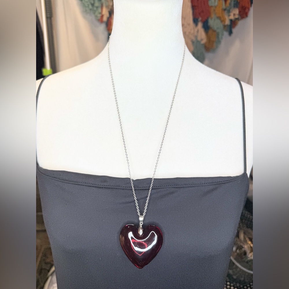 Large Red Glass Heart Pendant Necklace 36” Silver Tone Chain Statement
